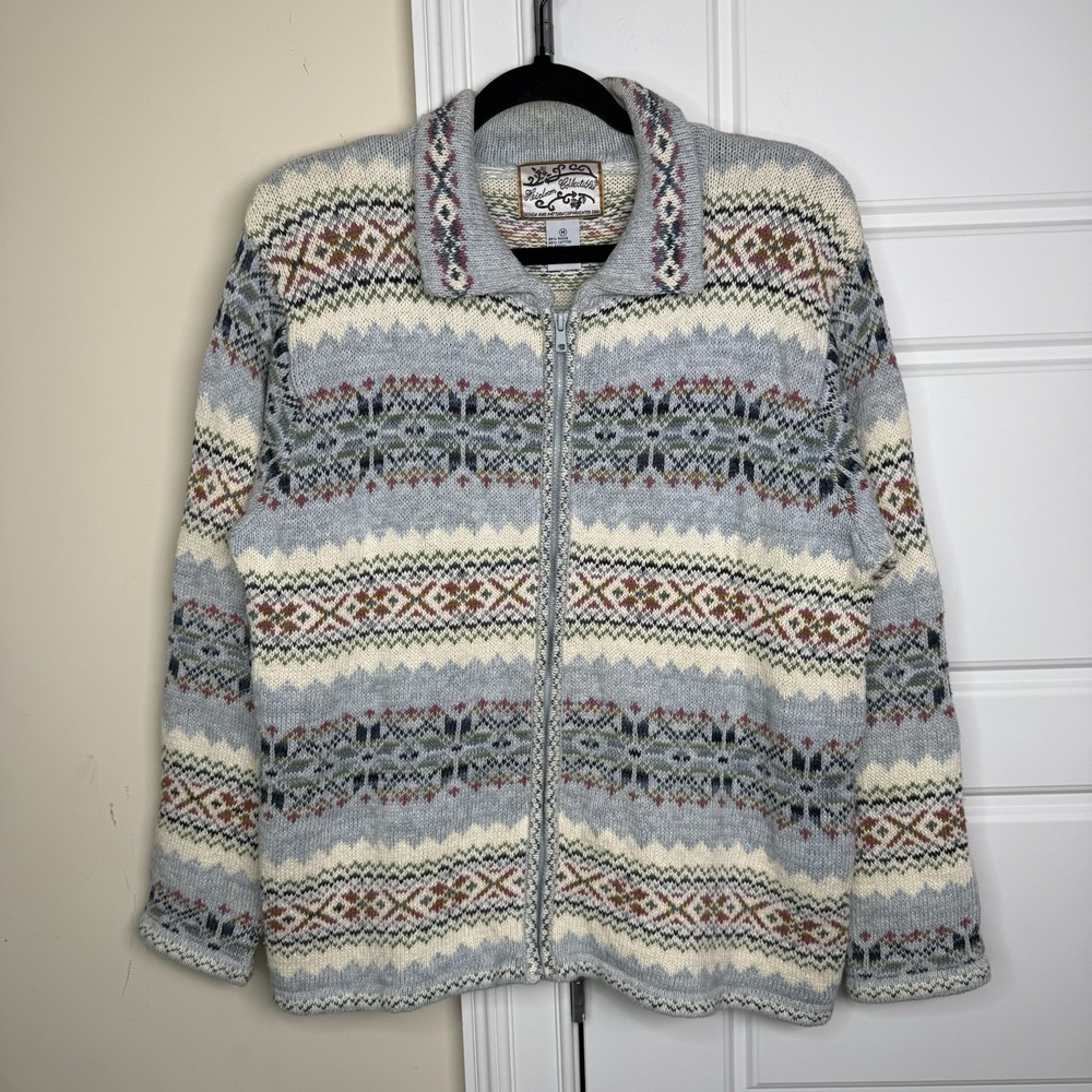 Vintage Fair Isle Cardigan Full Zip Women's Medium Rainbow Holiday Cottage 90s